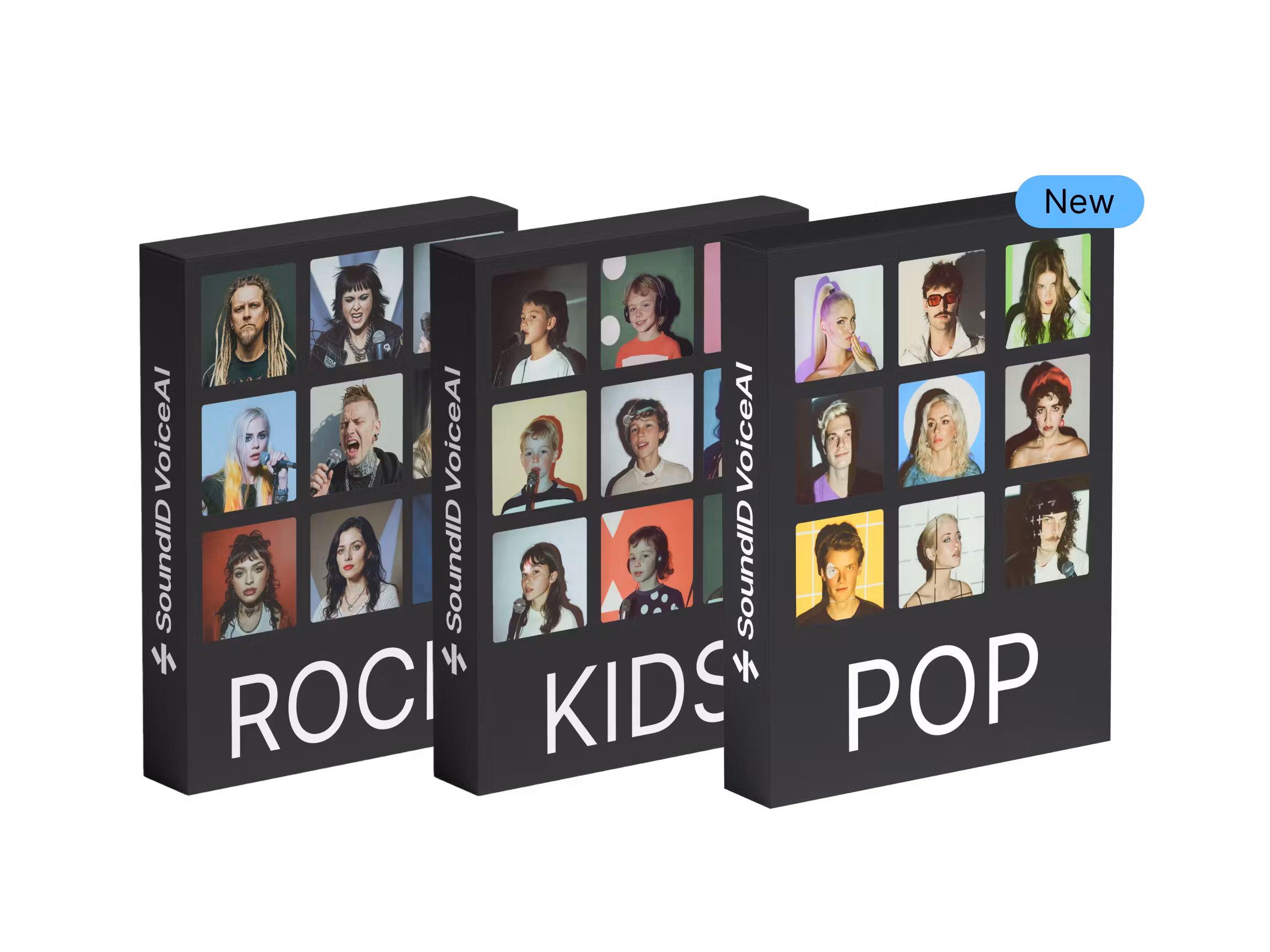 SoundID VoiceAI DAW plug-in with three voice extension packs—Rock, Kids, and Pop—boxed singer portraits; POP pack tagged New.