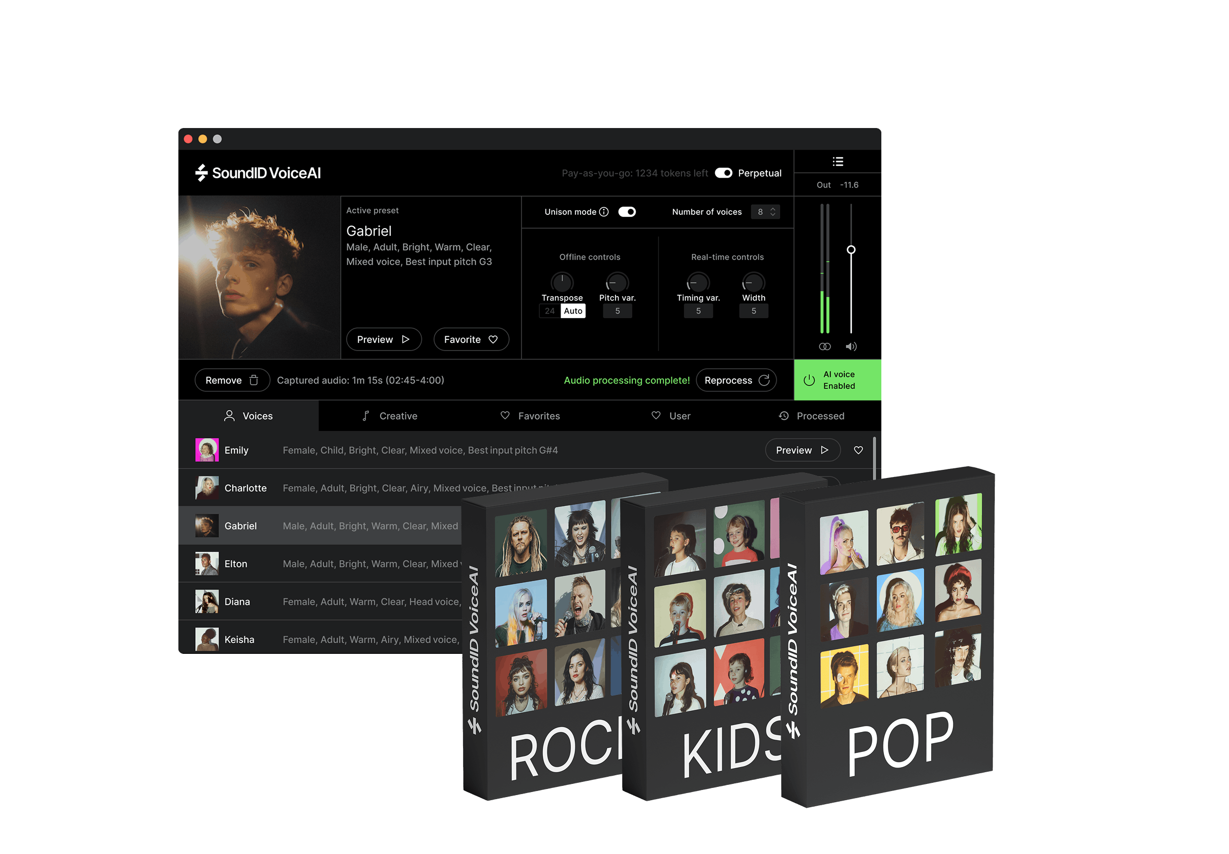 SoundID VoiceAI DAW plug-in with three voice extension packs—Rock, Kids, and Pop—boxed singer portraits; POP pack tagged New.