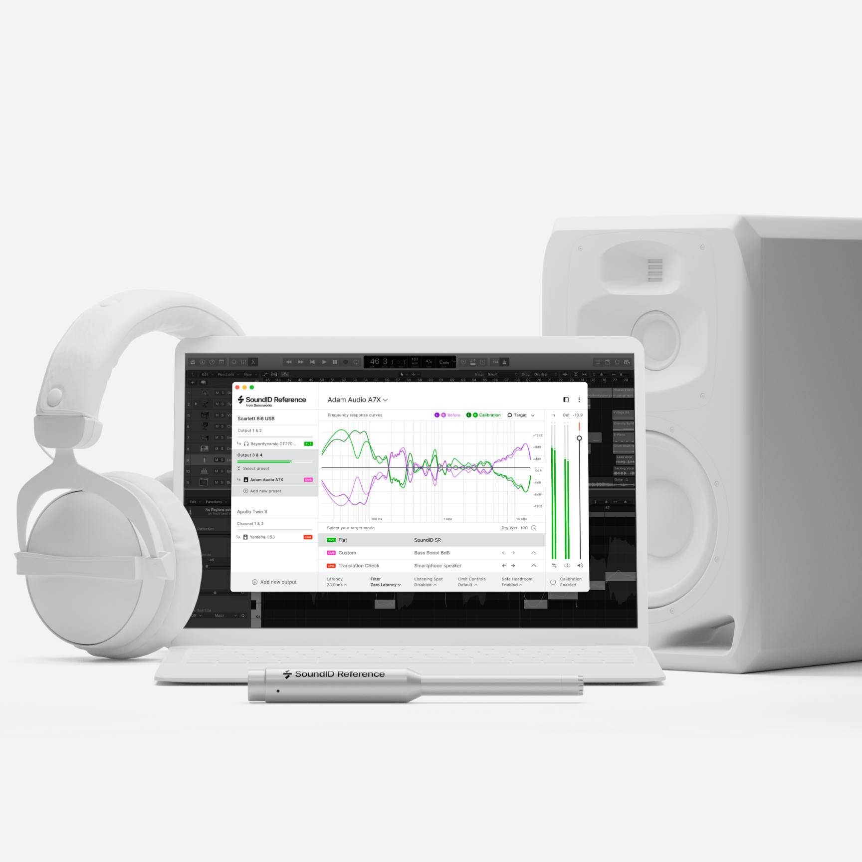 SoundID Reference software, white headphones and speaker