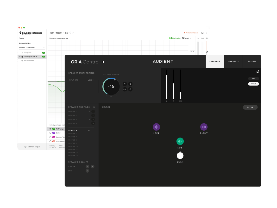 Audient ORIA Control software interface with speaker monitoring, volume adjustment, and profiles, overlaid on SoundID Reference calibration window.