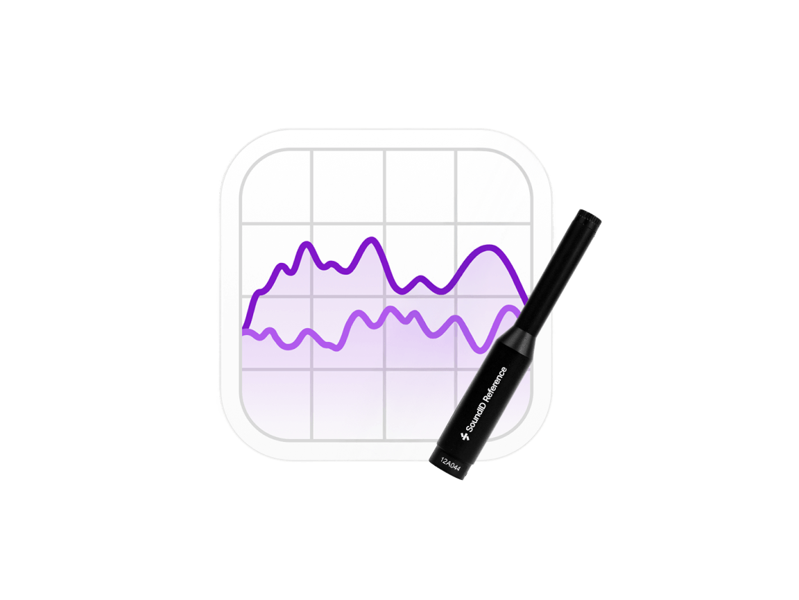 SoundID Reference app icon showing purple frequency response curves with measurement microphone placed diagonally across the logo.