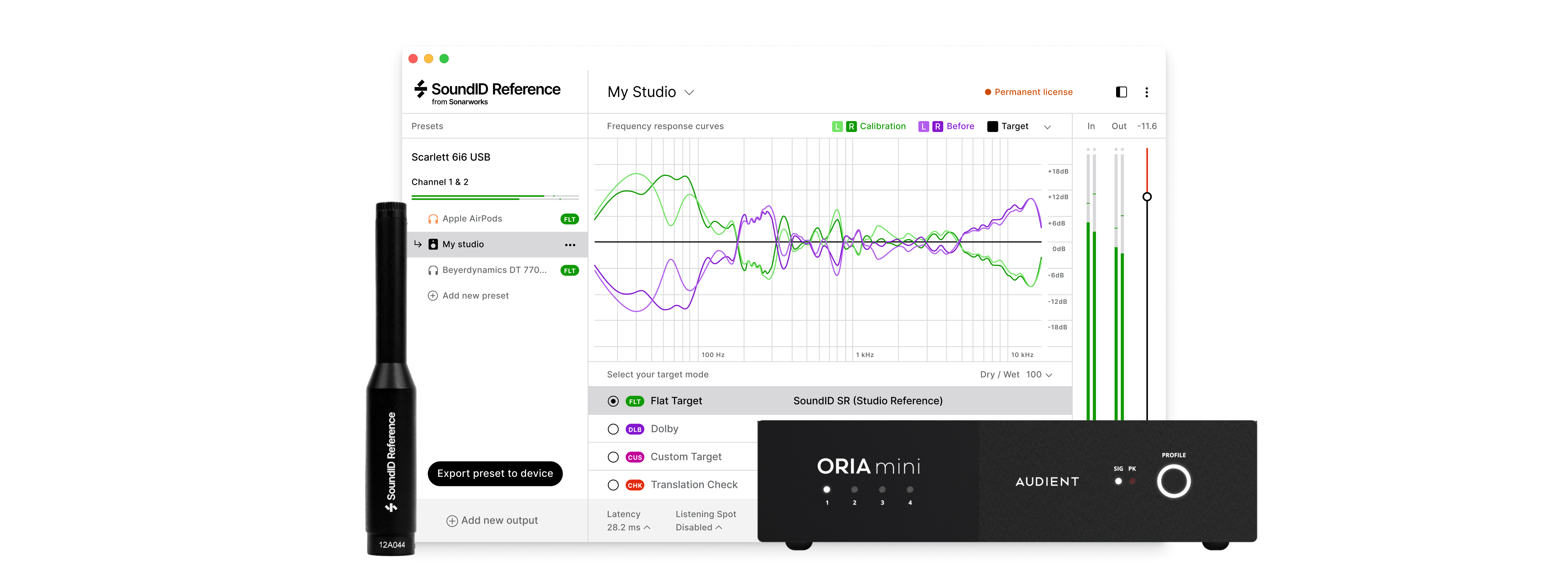 SoundID Reference software interface with frequency response curves displayed on screen, alongside SoundID Reference microphone and Audient ORIA Mini hardware.