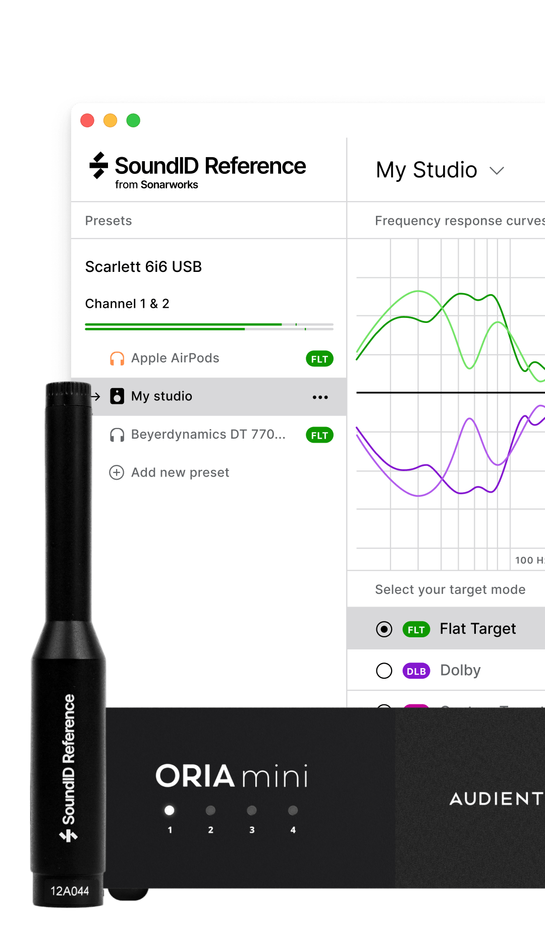 SoundID Reference software interface with frequency response curves shown, alongside SoundID measurement microphone and Audient ORIA Mini hardware.