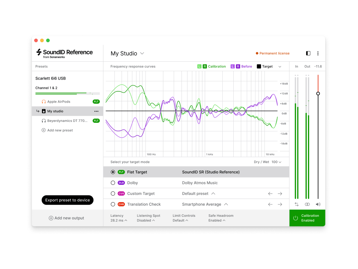 SoundID Reference software interface displaying frequency response calibration curves, target modes, presets, and active calibration enabled indicator.