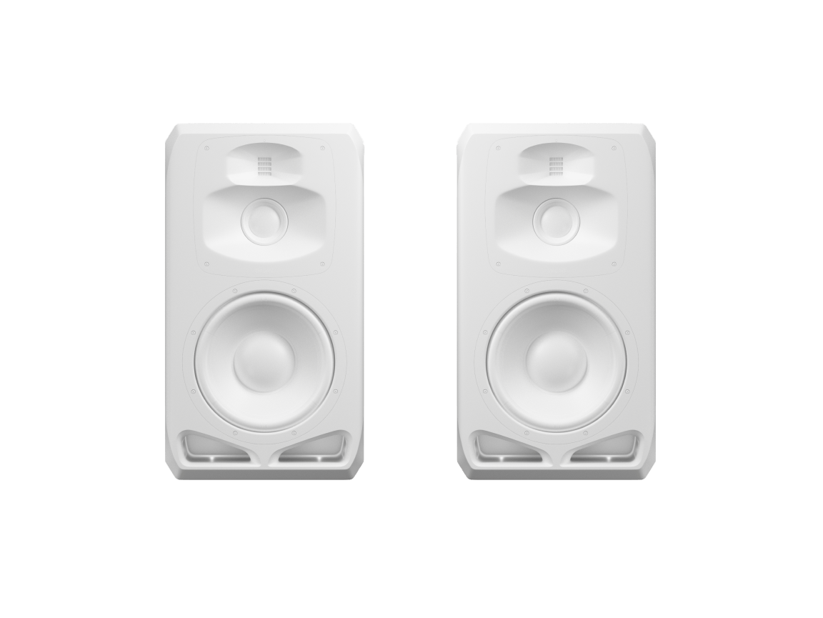 Pair of white studio monitor speakers with front-firing ports, large woofer, tweeter, and ribbon high-frequency driver.